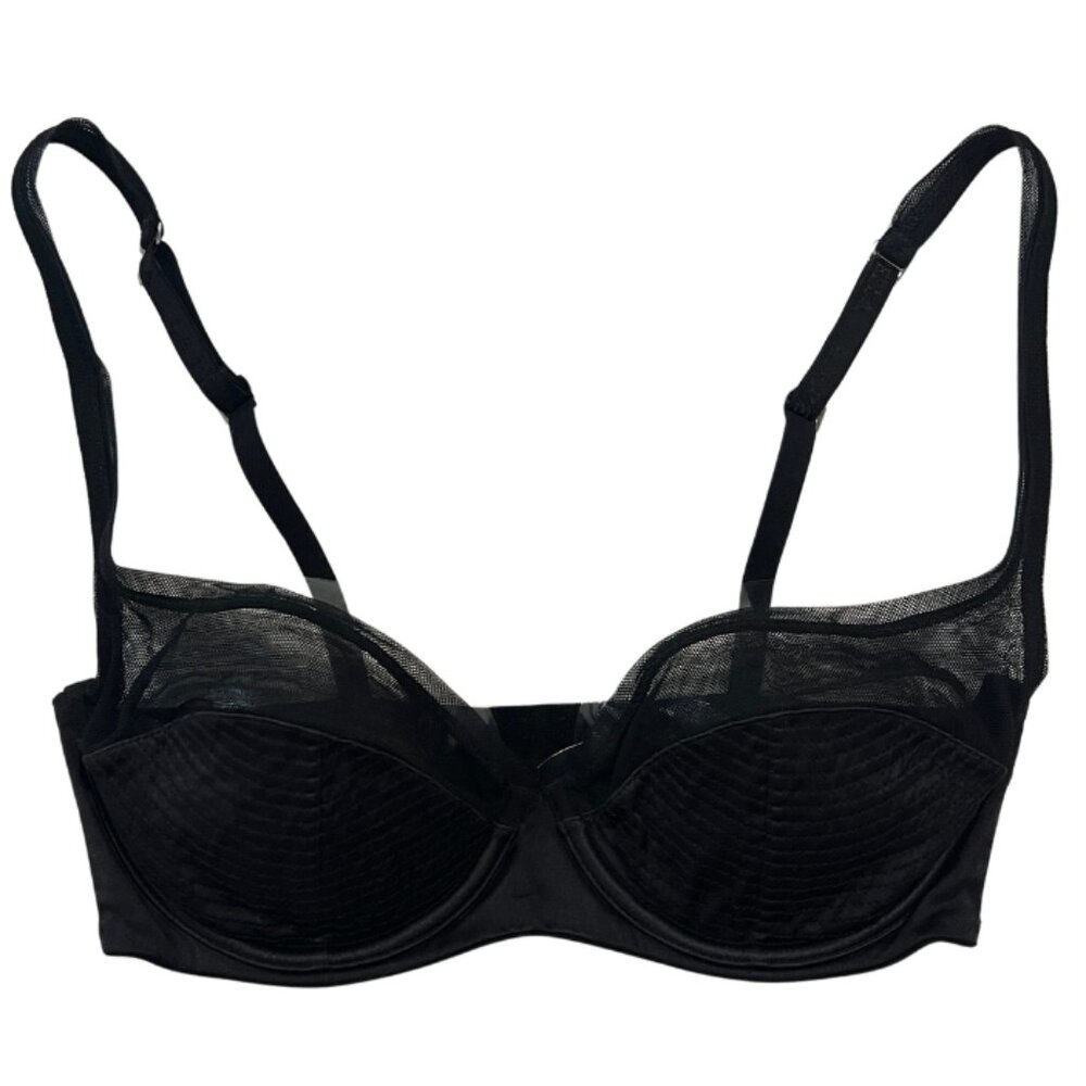 NWT La Perla Black Mesh Contrast Balconette Bra Silk Italian Lingerie Size 34C
